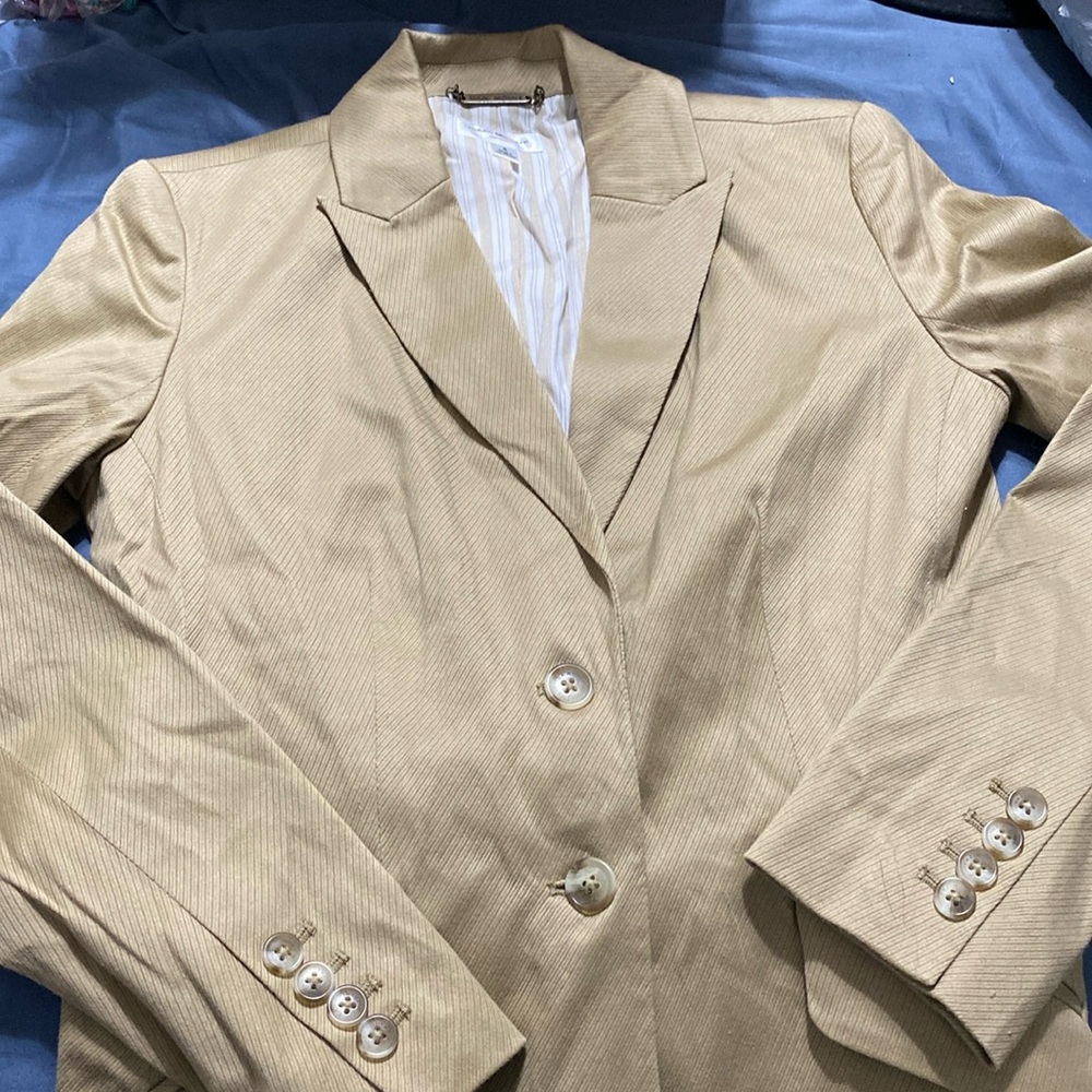 Isaac Mizrahi camel blazer diagonal pinstripe